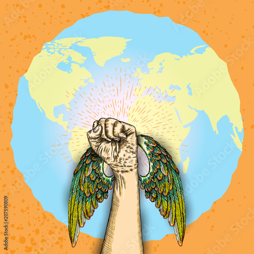 Raised hand with clenched fist and wings on earth globe with sun rays and space for text. Ink style poster. Concept of protest, rebel, revolt, strength, freedom, revolution. Vector.