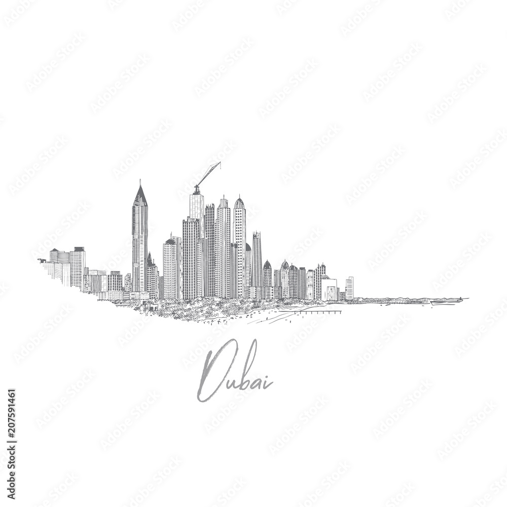 Fototapeta premium Hand drawn sketch of Marina Dubai UAE. City and beach coast with sand beaches at United Arab Emirates. Illustration. Vector.