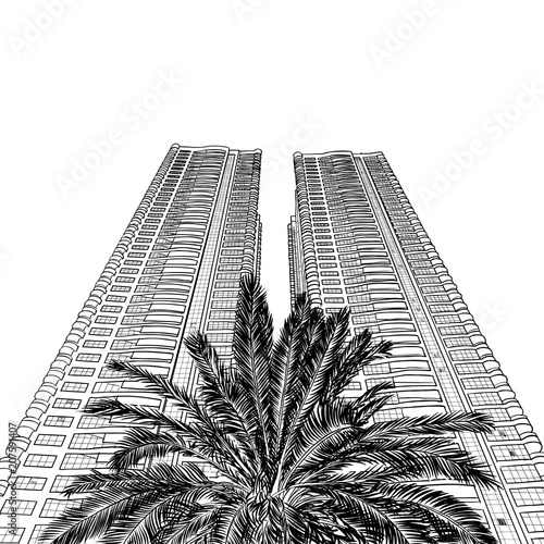 Hand drawn sketch of Dubai luxury hotel or tall building skyscraper with the palm from below. Illustration, vector.