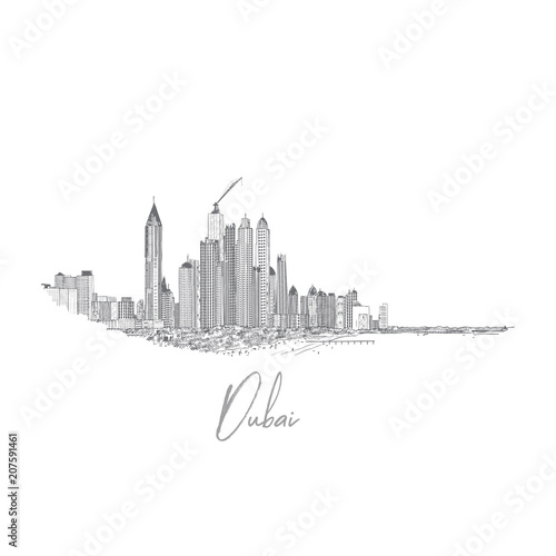 Hand drawn sketch of Marina Dubai UAE. City and beach coast with sand beaches at United Arab Emirates. Illustration. Vector.