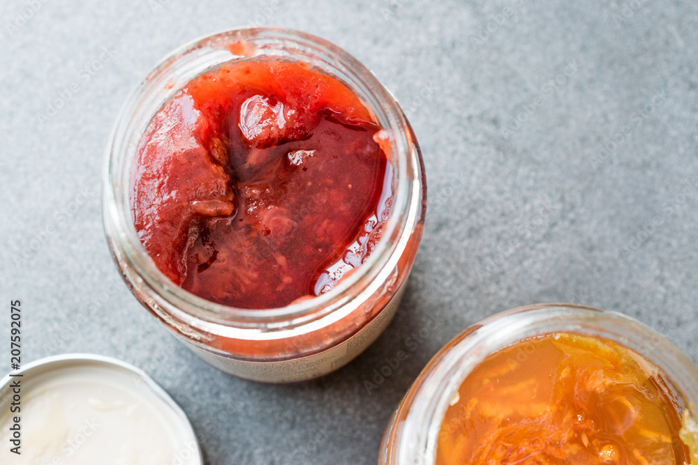 Organic Orange Elderflower and Strawberry Marmalade in Jar / Various Jams. Organic Orange Elderflower and Strawberry Marmalade in Jar / Various Jams.