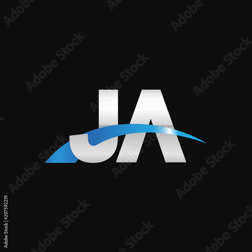 Initial letter JA, overlapping movement swoosh logo, metal silver blue color on black background photo