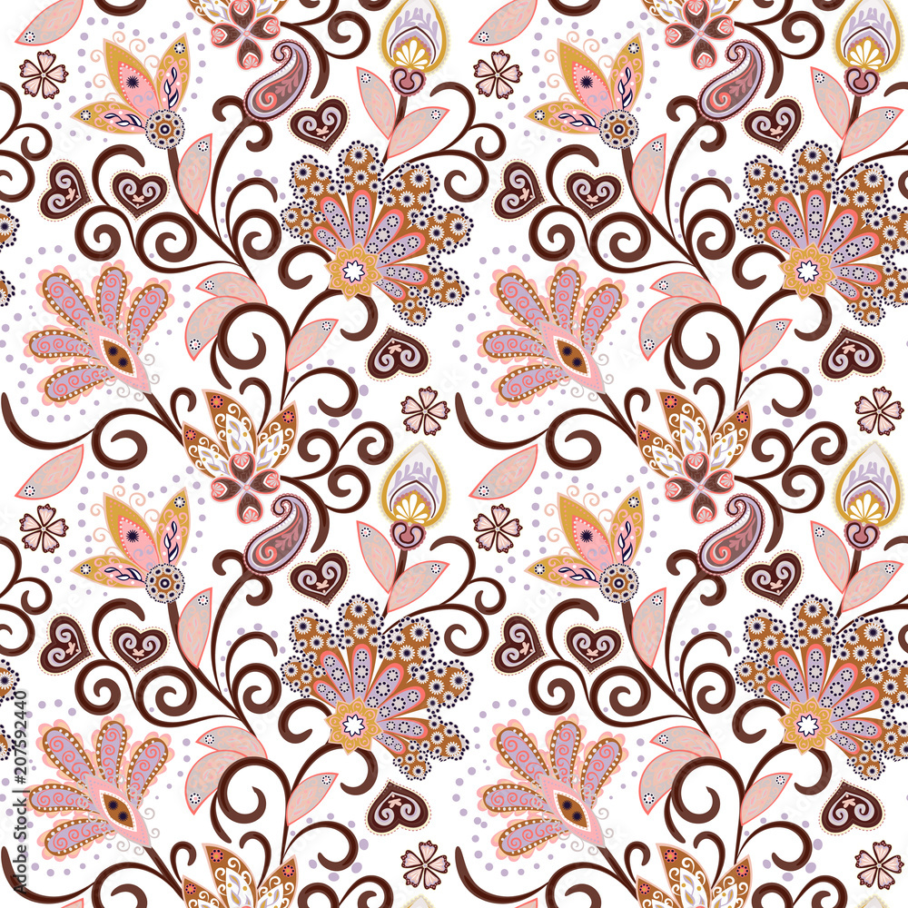 Vintage pattern in indian batik style. Floral hand draw vector background.  Pastel pink and beige on white. Stock Vector | Adobe Stock