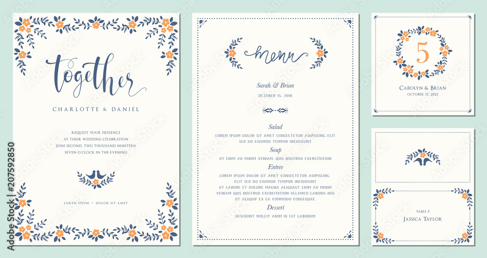 Invitation, menu, table number and name place card design.  Floral wedding templates. Good for birthday, bridal and baby shower. Vector illustration.
