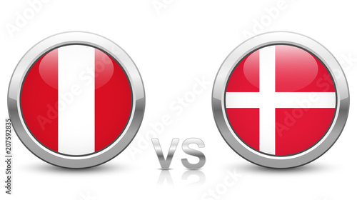 Peru vs Denmark - Match 6 - Group C - 2018 tournament. Shiny metallic icons buttons with national flags isolated on white background.