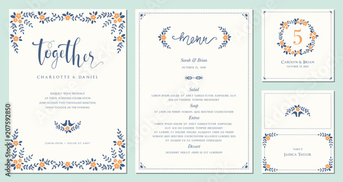 Invitation, menu, table number and name place card design.  Floral wedding templates. Good for birthday, bridal and baby shower. Vector illustration.
 photo