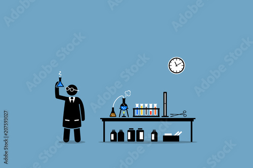 Scientist examining the result of his chemical lab experiment. Vector artwork depicts experiment, breakthrough, scientific invention, trials, and laboratory test. 