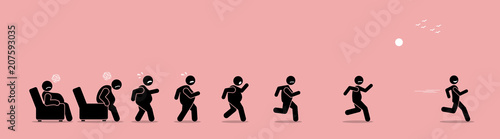 Fat man getting up, running, and become thin transformation. Vector artwork concept shows a stage by stage of an obese man turning himself into a healthy body by running.  photo