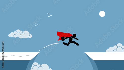 Businessman with red cape taking risk by jumping over a chasm. Vector artwork depicts the concept of courage, risk taking, bravery, determination, daring, and bold. 