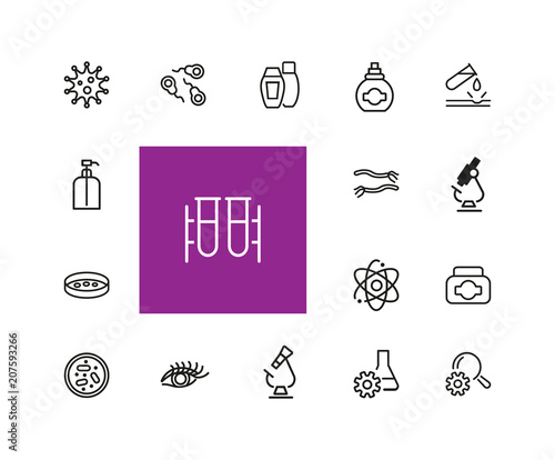 Medicine and healthcare icons. Set of  line icons. Bacteria, corrosion, microscope. Science concept. Vector illustration can be used for topics like microbiology, research, pharmaceutics