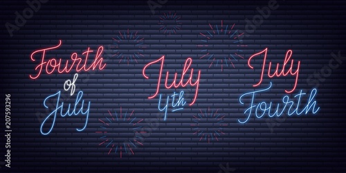 Fourth of July. USA Independence Day neon signs collection. July 4th holiday neon banners