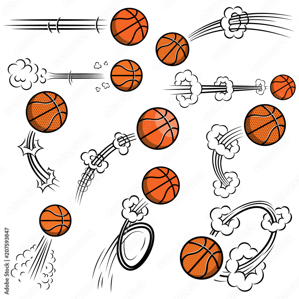 Set of basketball balls with motion trails in comic style. Design element for poster, banner, flyer, card.