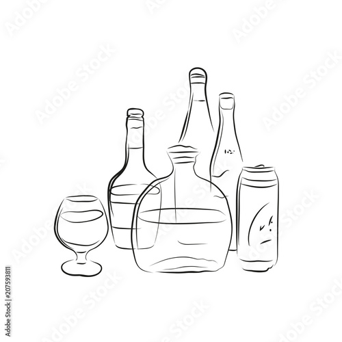 Alcohol Bottles Scetch Set. Vector illustration on transparent background.
