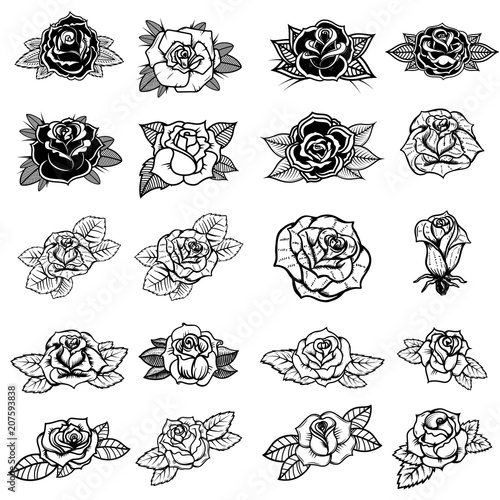 Set of tattoo style roses illustrations. Design element for sign, badge, label, poster, card.