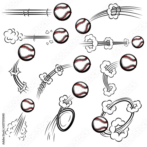 Set of baseball balls with motion trails in comic style. Design element for poster, banner, flyer, card.