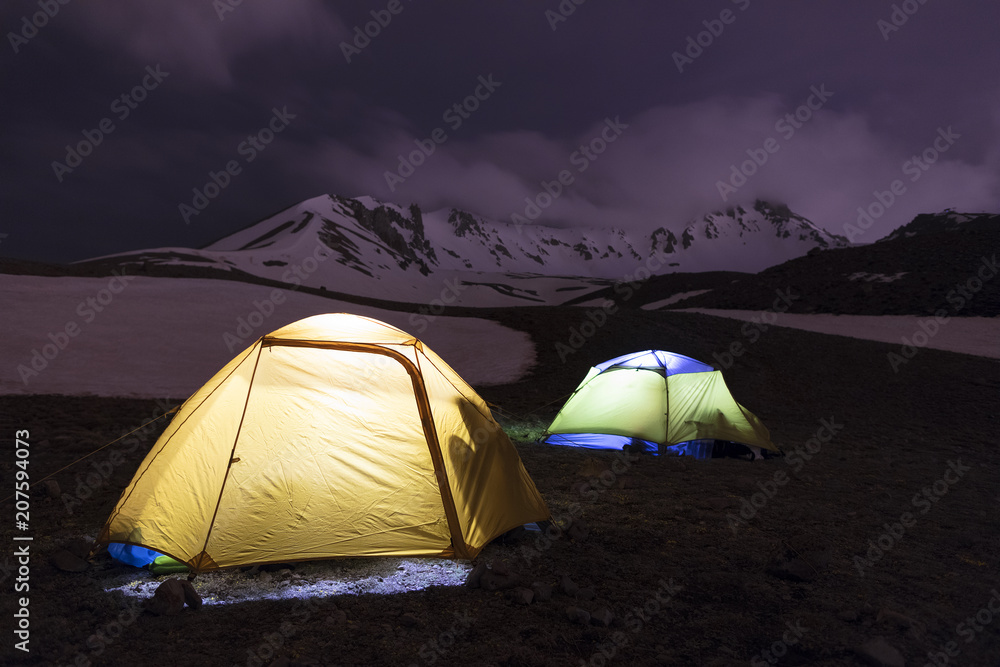 Tents of tourists are located at the foot of Mount Erciyes in central Turkey