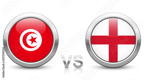 Tunisia vs England - Match 14 - Group G - 2018 tournament. Shiny metallic icons buttons with national flags isolated on white background.