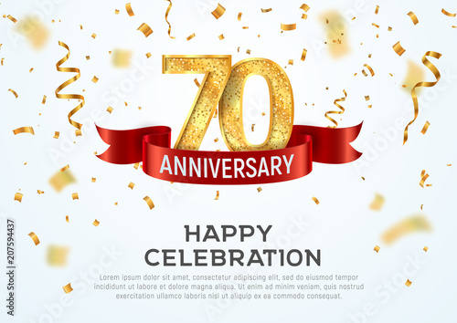 70 years anniversary vector banner template. Seventieth jubilee with red ribbon and confetti on white background