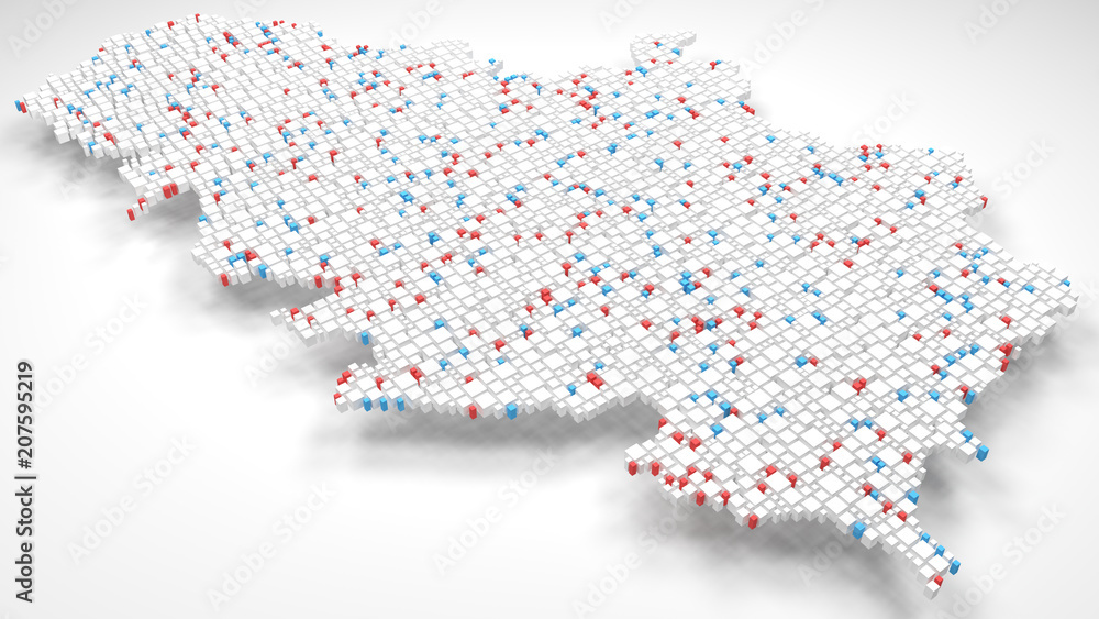 3D Map of Serbia - Europe | 3d Rendering, mosaic of little bricks - White and flag colors. A number of 3683 little boxes are accurately inserted into the mosaic