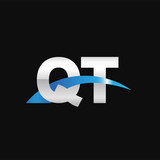 Initial letter QT, overlapping movement swoosh logo, metal silver blue color on black background