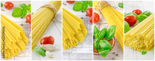 A selection of various images of spaghetti and ingredients a framed montage