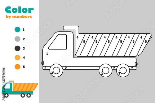 Tipper truck in cartoon style, color by number, education paper game for the development of children, coloring page, kids preschool activity, printable worksheet, vector illustration