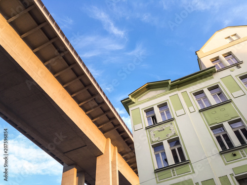 Nusle Bridge ( Nuselsky most ), Prague, Czech Republic / Czechia - massive concrete elevated bridge above residential houses. Transport building and structure with highway and subway in the city. photo