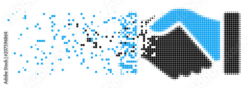Dissolved acquisition handshake dotted vector icon with disintegration effect. Rectangular pieces are combined into dissolving acquisition handshake shape.