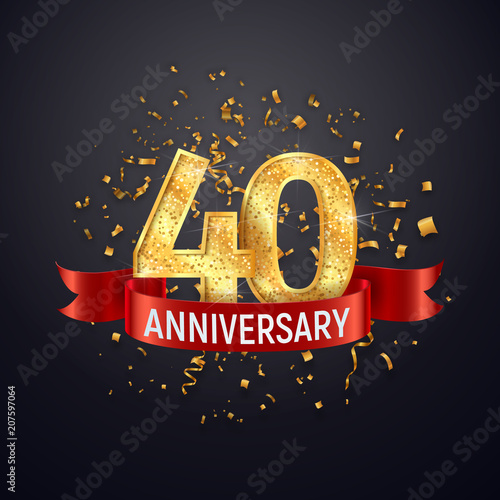 40 years anniversary logo template on dark background. Forty celebrating golden numbers with red ribbon vector and confetti isolated design elements