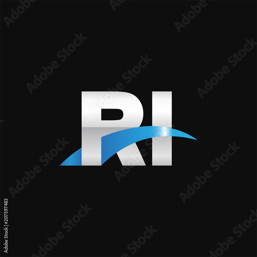 Initial letter RI, overlapping movement swoosh logo, metal silver blue color on black background
