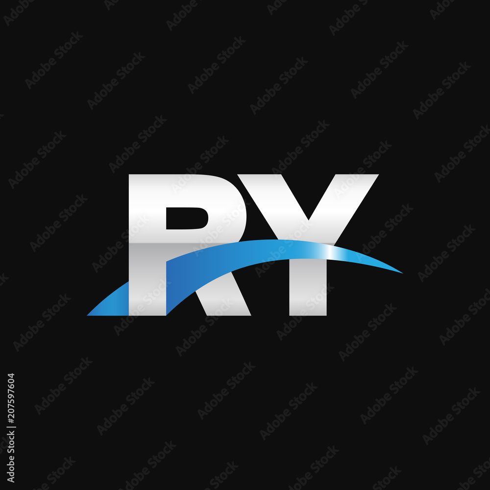 Initial letter RY, overlapping movement swoosh logo, metal silver blue color on black background Initial letter RY, overlapping movement swoosh logo, metal silver blue color on black background