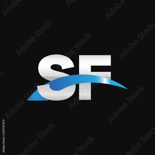 Initial letter SF, overlapping movement swoosh logo, metal silver blue color on black background