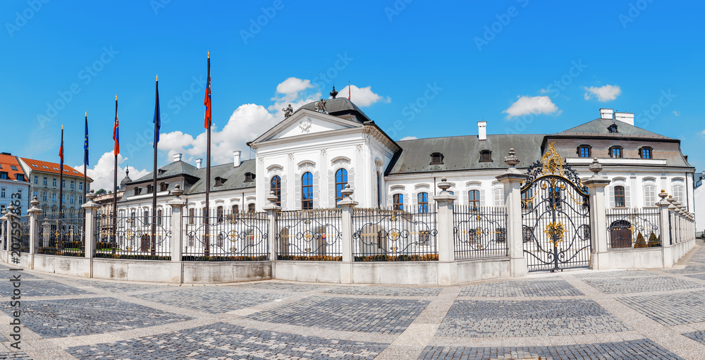 President residence in Grassalkovichov palace in Bratislava. Panorama of a government building in a sunny day