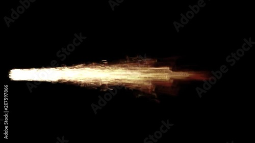 Animated bursting fire with smoke and sparks as if from jet or rocket engine burning kerosene or other similar fuel. With motion blur and isolated on black background, mask included.