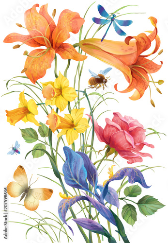 Fototapeta Naklejka Na Ścianę i Meble -  Decorative colorful composition of flowers and flying insects isolated on white