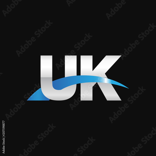 Initial letter UK, overlapping movement swoosh logo, metal silver blue color on black background