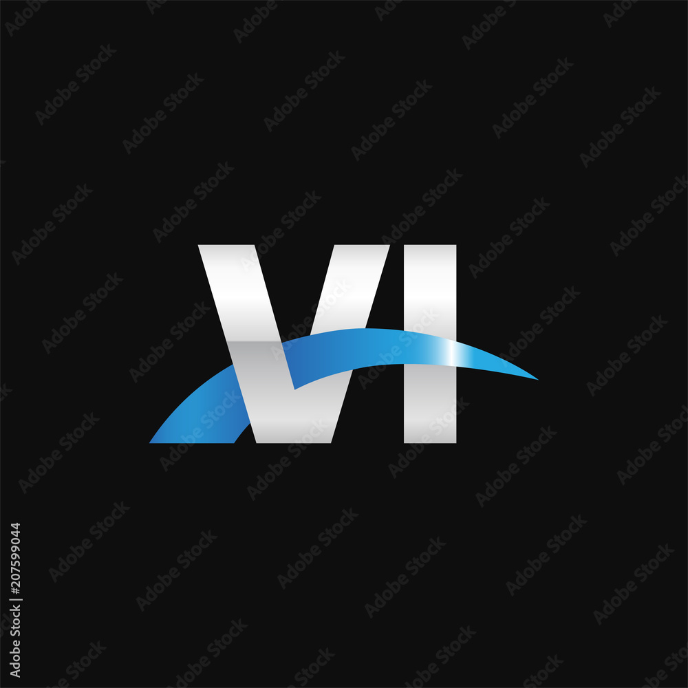 Initial letter VI, overlapping movement swoosh logo, metal silver blue color on black background Initial letter VI, overlapping movement swoosh logo, metal silver blue color on black background