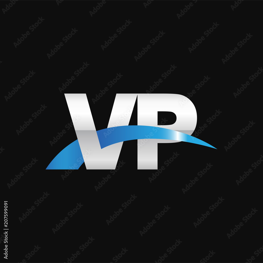 Initial letter VP, overlapping movement swoosh logo, metal silver blue color on black background Initial letter VP, overlapping movement swoosh logo, metal silver blue color on black background