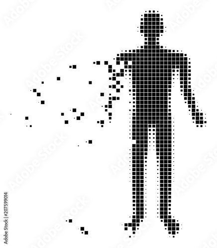 Dissolved human dot vector icon with disintegration effect. Square elements are combined into disappearing human shape. Pixel disintegration effect shows speed and movement of cyberspace abstractions.
