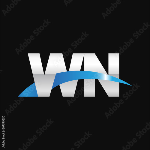 Initial letter WN, overlapping movement swoosh logo, metal silver blue color on black background photo