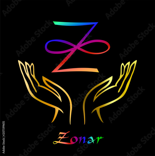 Karuna Reiki. Energy healing. Alternative medicine. Symbol Of Zonar. Spiritual practice. Esoteric.Open palm. Rainbow color. Vector