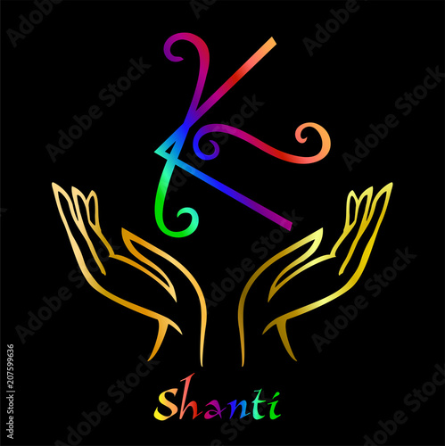 Karuna Reiki. Energy healing. Alternative medicine. Symbol Shanti . Spiritual practice. Esoteric.Open palm. Rainbow color. Vector