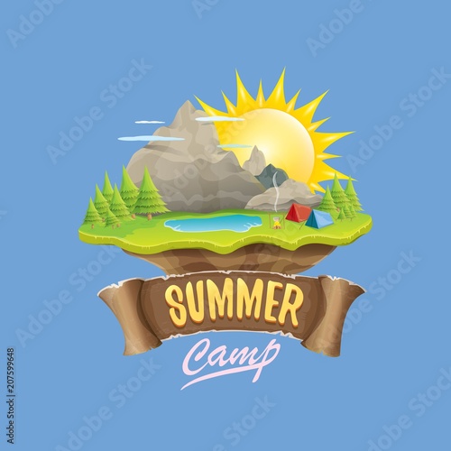 summer camp kids logo concept illustration with green valley, mountains, trees, sun, clouds, camp fire, camping tent and blue lake. Vector summer camp logo or flyer illustration.