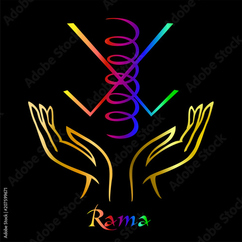 Karuna Reiki. Energy healing. Alternative medicine. Symbol Rama. Spiritual practice. Esoteric.Open palm. Rainbow color. Vector