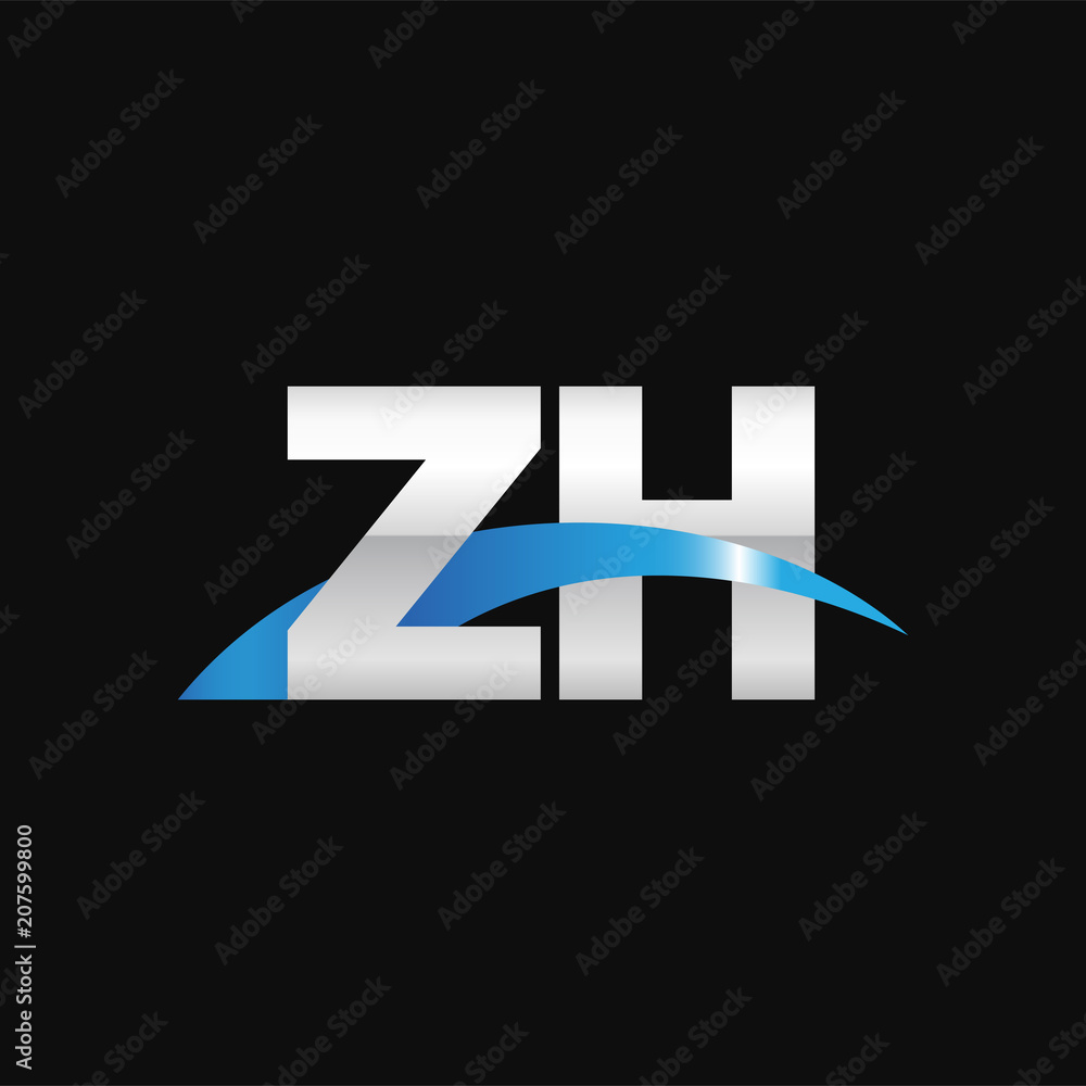 Initial letter ZH, overlapping movement swoosh logo, metal silver blue color on black background Initial letter ZH, overlapping movement swoosh logo, metal silver blue color on black background