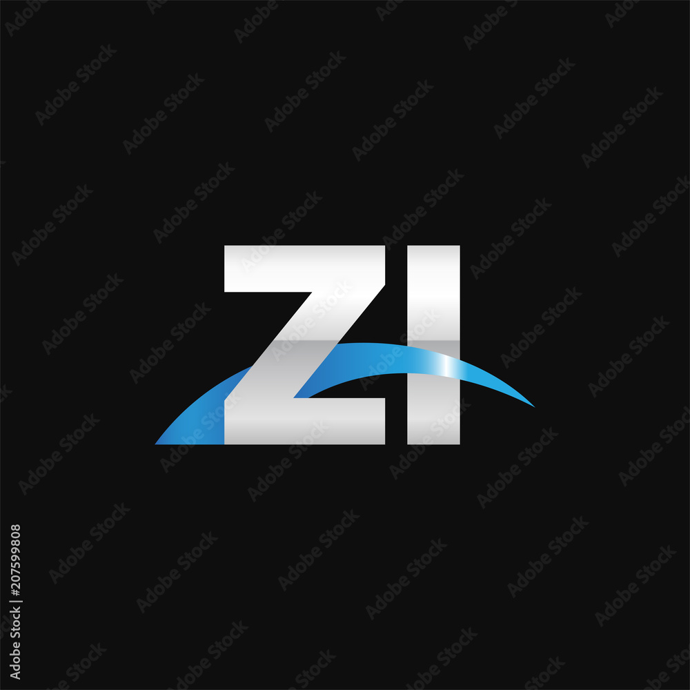 Initial letter ZI, overlapping movement swoosh logo, metal silver blue color on black background Initial letter ZI, overlapping movement swoosh logo, metal silver blue color on black background