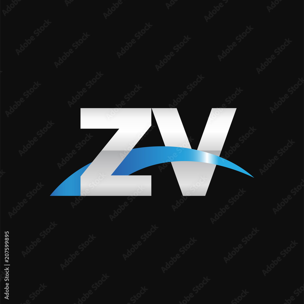 Initial letter ZV, overlapping movement swoosh logo, metal silver blue color on black background Initial letter ZV, overlapping movement swoosh logo, metal silver blue color on black background
