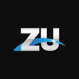 Initial letter ZU, overlapping movement swoosh logo, metal silver blue color on black background