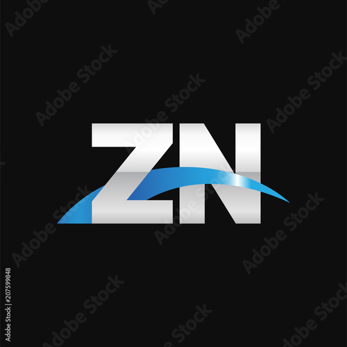 Initial letter ZN, overlapping movement swoosh logo, metal silver blue color on black background