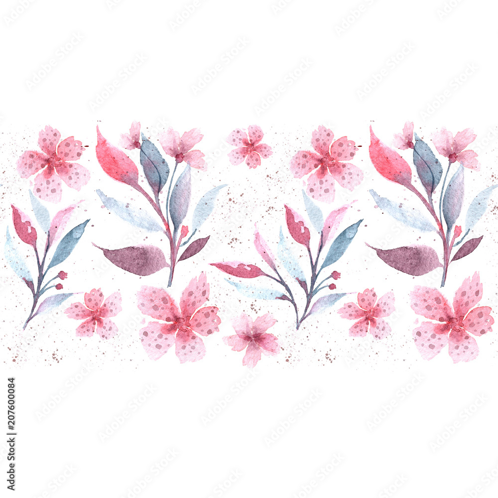 Seamless floral botanical border. Watercolor drawing. Delicate pastel colors. Suitable for fabric, ceramic tile, cover, wrapping paper. Pink, burgundy, gray-green on white.